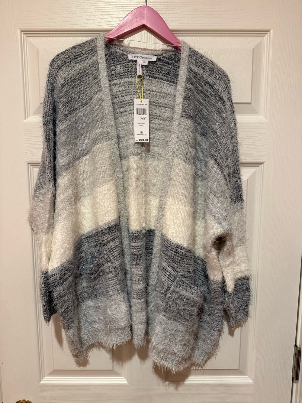 BCBGeneration Gray and Cream Fuzzy Stripe Open Cardigan